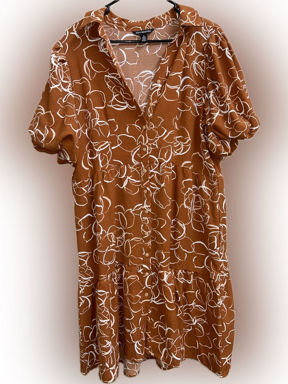🔥5/$30🔥 Brown Floral Tiered Button Up Midi Dress | Size XL| Nina Leonard - Picture 3 of 10